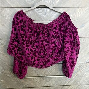 Fuchsia Floral Velvet Burnout Puff-Sleeve Blouse